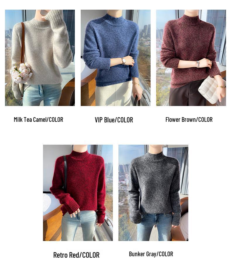 Women's Chunky Knit Wool Sweater, Half High Neck, Long Sleeve, Marled Yarn, Loose Fit Jumper