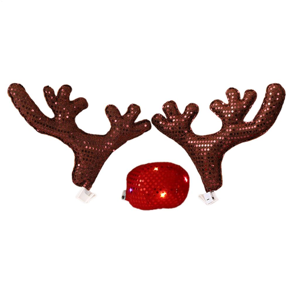 Reindeer Car Decor Christmas Cute Waterproof with LED Light Nose Antlers Kit Vehicle Accessories for Winter Holiday New Year