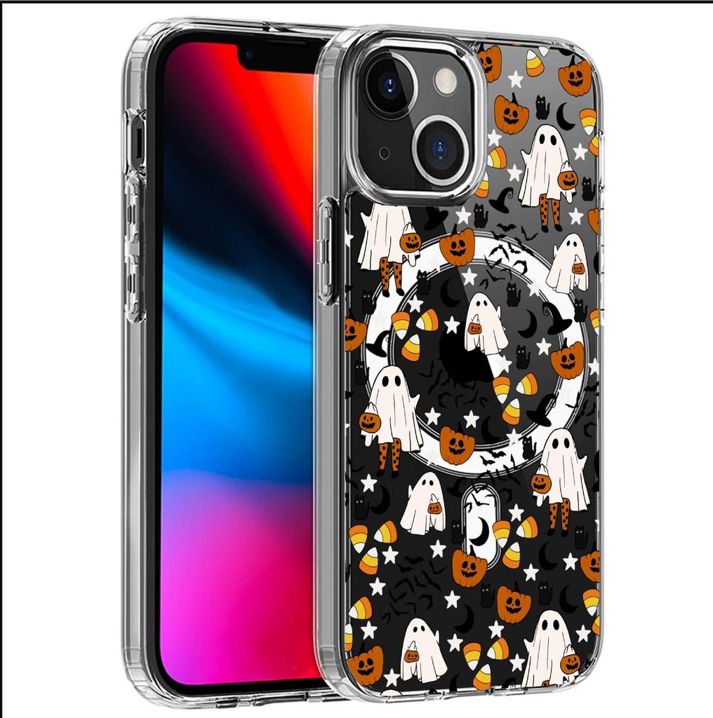 Orange Pumpkin Skull Magnetic Case for iPhone 15/16/17 Pro Max - Transparent Full Coverage
