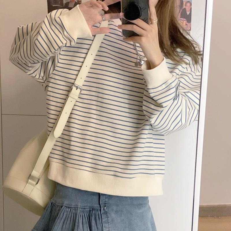 

Women s Striped Crew Neck Pullover – Autumn 2025 Korean Style Long Sleeve Top 2XL
