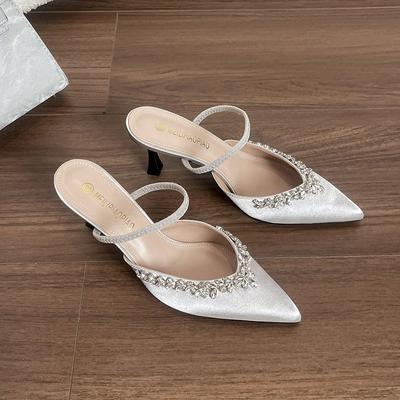 Sheepskin Style, Thin Heel Pointed Cold Slippers French Word with Thin High-end Feeling Full Diamond Banquet High Heels Women's Summer