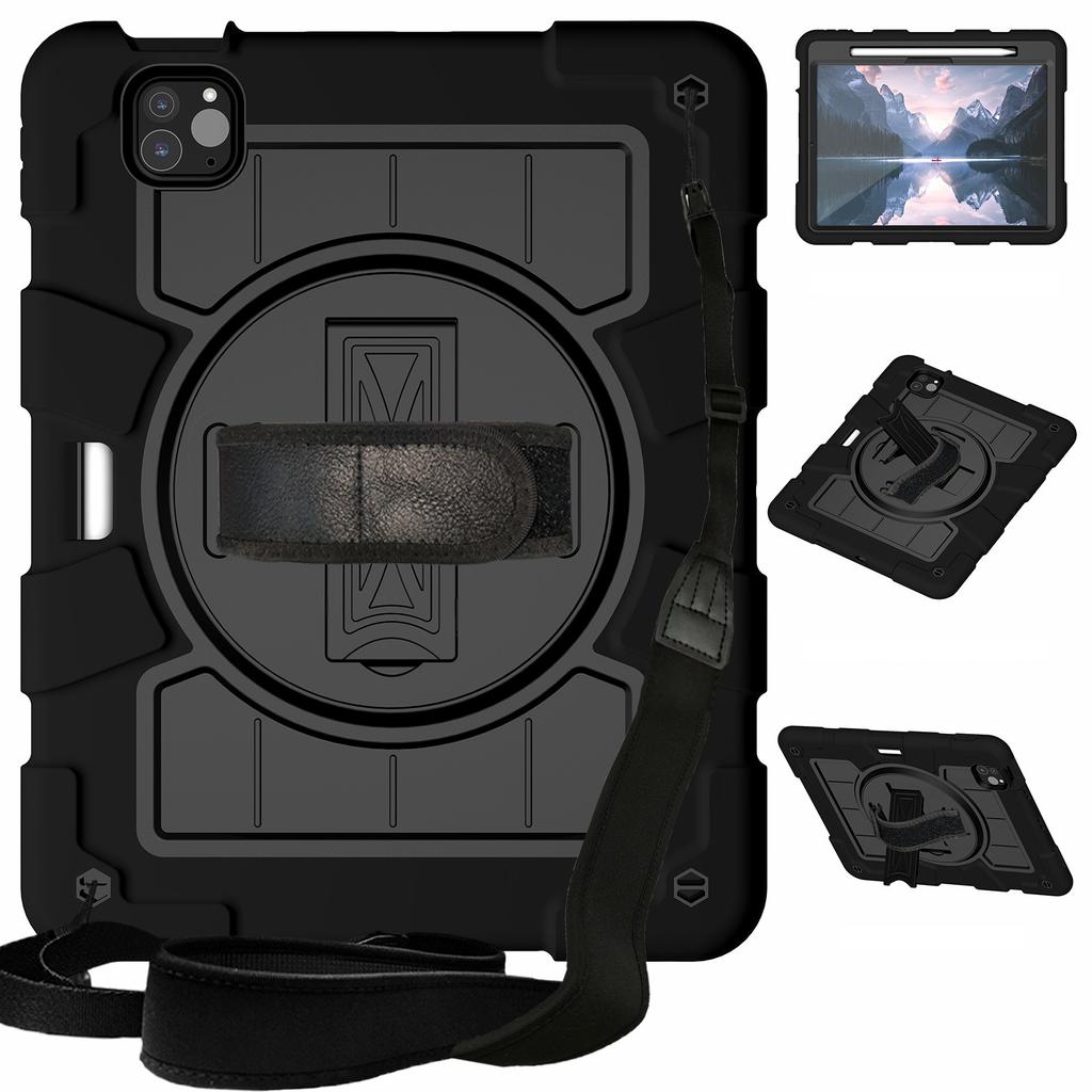 For iPad Pro 11 (2024) Kickstand Case with Shoulder Strap Rotating Hand Strap PC+TPU Tablet Cover