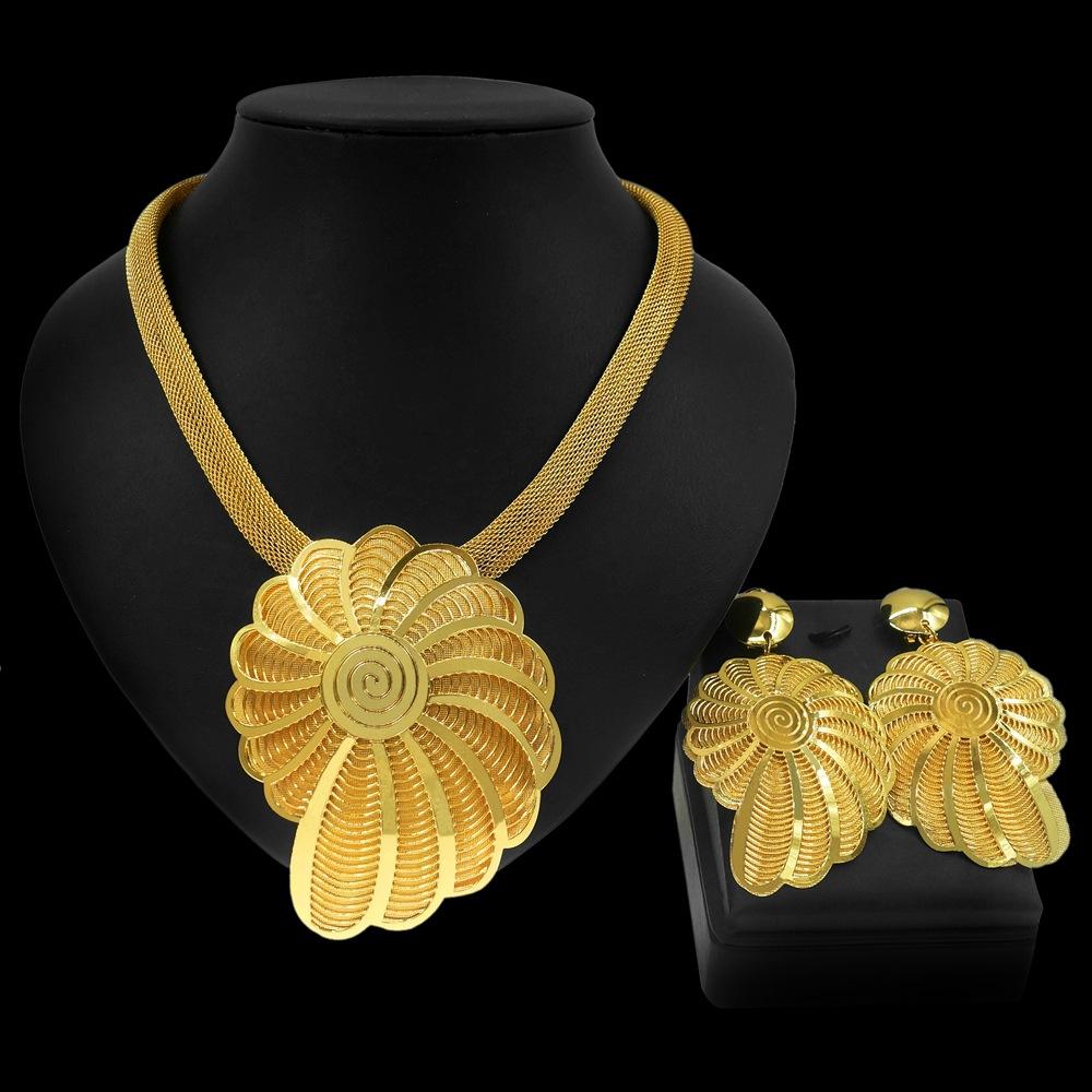 

Дубайский золотой преувеличенный комплект ювелирных изделий из настоящего золотого цветка 24 карата, ожерелье, уши, из двух частей, женские ювелирные изделия из двух частей