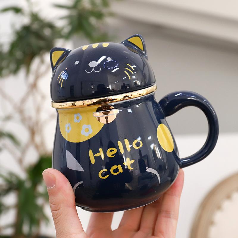 Cana din ceramică cu pisicuță de desene animate cu filtru, căni de cafea cu chenar auriu Cana cu lapte cafea cană amuzantă din ceramică ceașcă cu apă