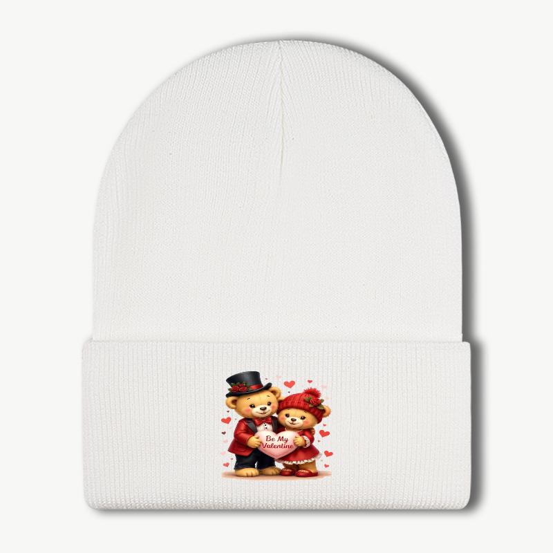 Couples Bear Hug Heart Print Knit Beanie Soft Warm Comfortable Stretchy Brimless Hat Cute Sweet Cozy Fashionable Trendy