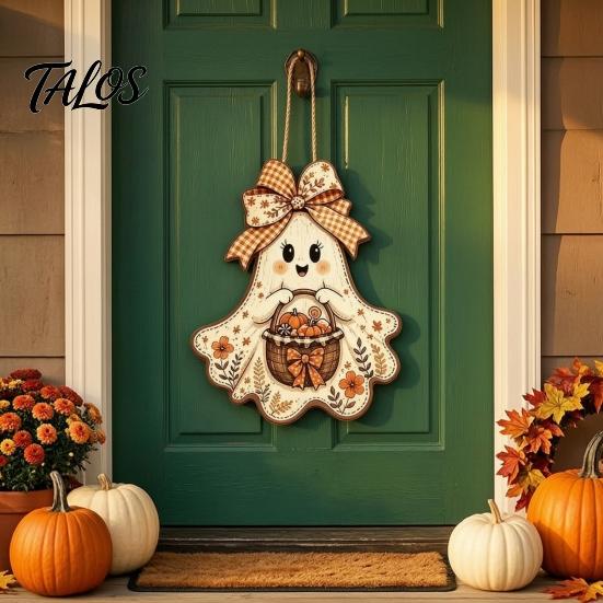 Outdoor Fall Entryway Sign Cute Bow Ghost Hanging Sign, Rustic Retro Floral Door with Pumpkin Harvest Wall Art Basket, Vintage Halloween Wooden