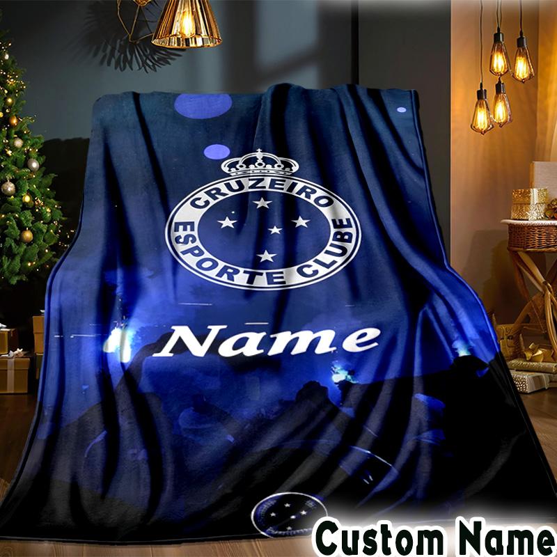 Custom Name Blue Stars Cruzeiro Football Throws Blanket Flannel Blankets for Couch Bed Gifts for Men Women Picnic blanket Christmas fan gifts