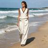 Summer 2 Piece Linen Sets for Women, V Neck Sleeveless Tank Top And Wide Leg Pants Matching Sets, Color Block Lounge Outfits with Pockets