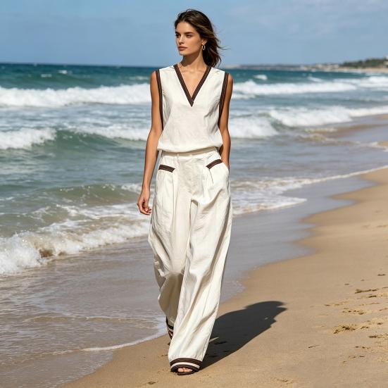 Summer 2 Piece Linen Sets for Women, V Neck Sleeveless Tank Top And Wide Leg Pants Matching Sets, Color Block Lounge Outfits with Pockets