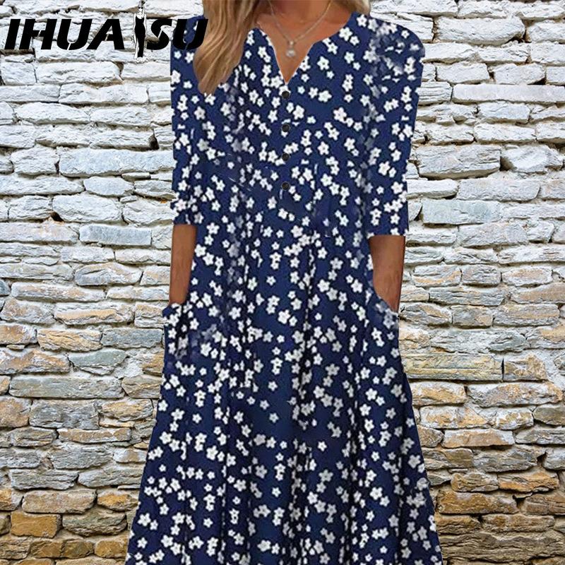 

IHUASU Элегантные женские платья V-образный вырез короткий рукав пуговицы вечернее платье женское летнее винтажное платье с принтом повседневное свободное цветочное женское платье XXXL