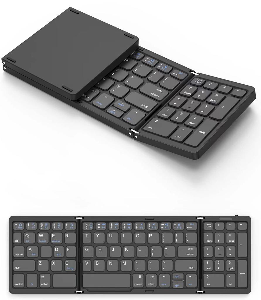 Foldable Wireless Keyboard for iPad, Bluetooth, and Numeric Keypad, Slim Design, Supports 3 Devices, Compact, Quiet, Small, Portable, Compatible with