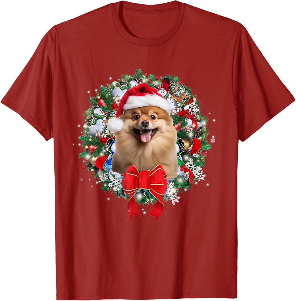 Pomeranian Christmas Wreath Graphic Tee Cute Dog Lover Casual Short Sleeve T-Shirt