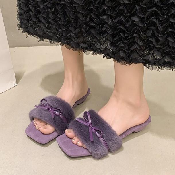 Fashion retro bow fluffy slippers women's outer wear 2025 autumn and winter new simple one-word outer wear thick heel cotton mop
