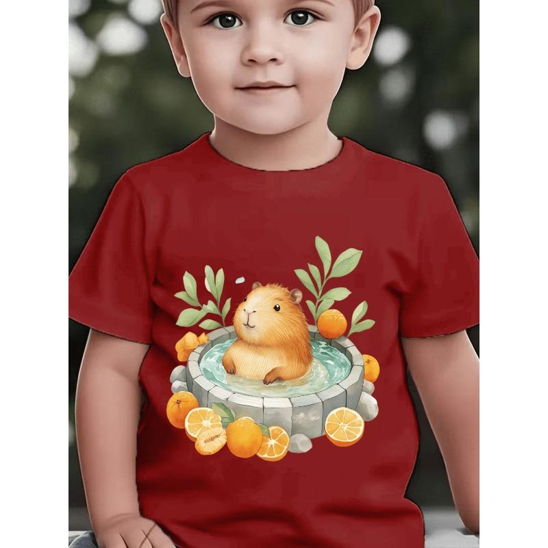 Boys Crewneck Tee, Cute Capybara Soaking In Hot Spring With Citrus Orange & Green Leaves Print
