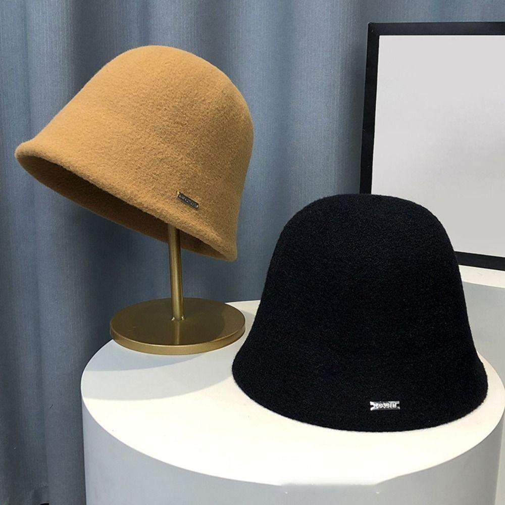 Solid Color Woolen Basin Hat Plush Bucket Hat Retro Fisherman Hat  Women