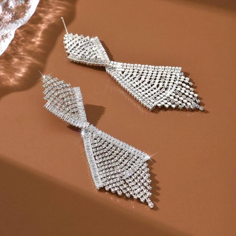 Elegant Geometric Leaf Tassel Earrings With Full Rhinestone Accents Plated Copper Studs Women