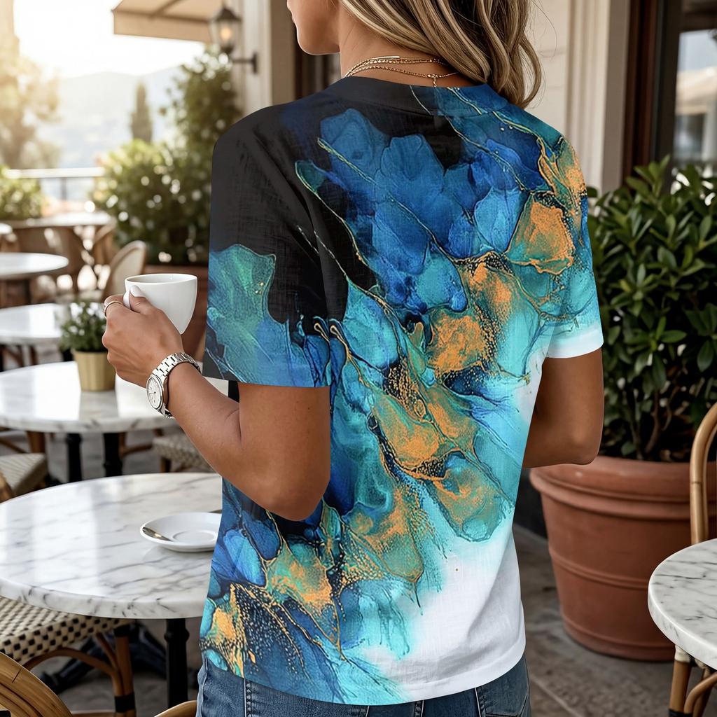 Women Short Sleeve Cotton Linen Shirt Henley Button Neck Casual Loose Fit Printed Blouse Summer Top