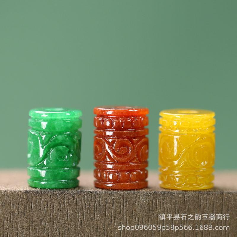 Engraved Green Jade Beads - Round Barrel Loose Spacer Beads for DIY Bracelets & Necklaces Yellow Jade Bead A12