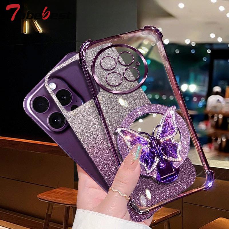 Glitter Butterfly Mirror Crystal Bracelet Case For Oneplus 13 13T 15 12 11 11R ACE 5 3 2 Pro Shockproof Plating Cover