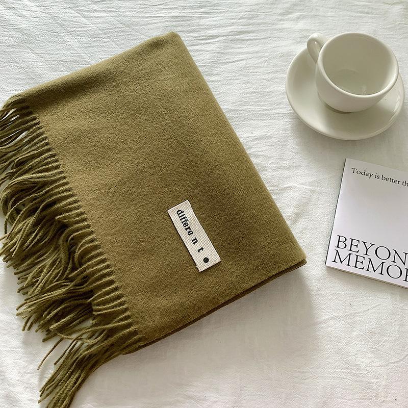 Flowing Fringe, Color-blocked, Simple Design, Faux Cashmere-like Scarf, Winter-thick, Cape-style, Student-friendly, Solid Color.