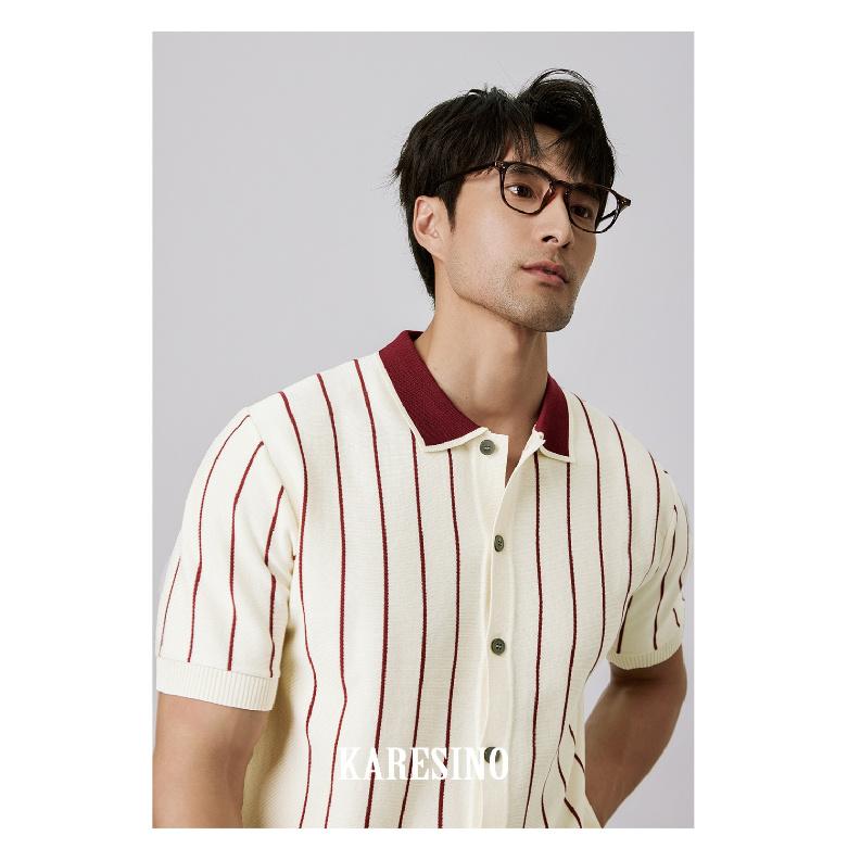 Casual Striped Polo Shirt for Men Summer Business Non-Iron Slim Fit Gentleman Thin Knitted Striped Short Sleeve T-Shirt