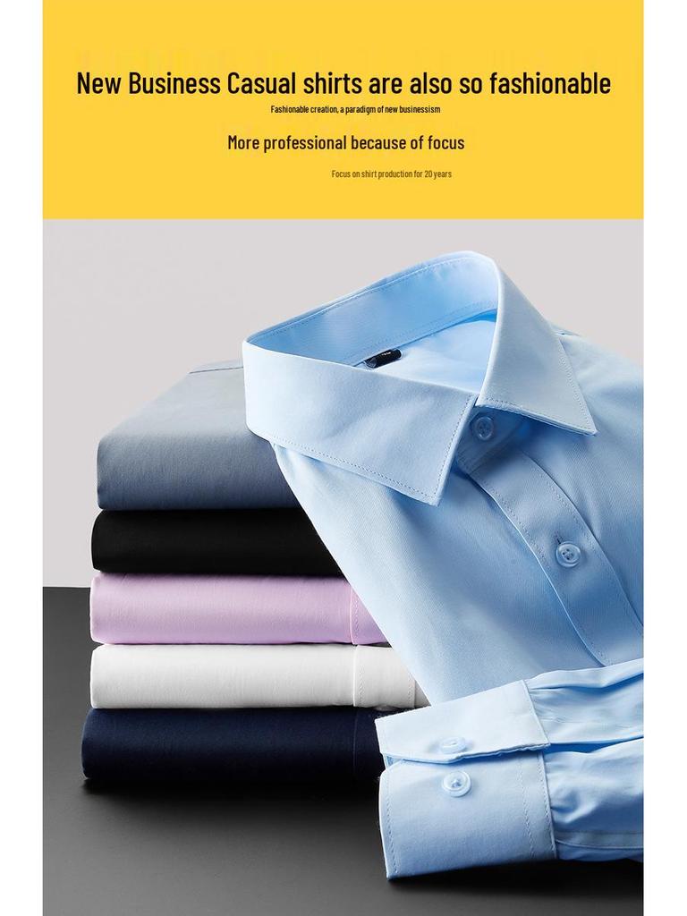 Men's Professional Slim Fit Long Sleeve Shirt - Iron-Free, Solid Color, High-End Workwear for Spring, Summer, and Autumn.