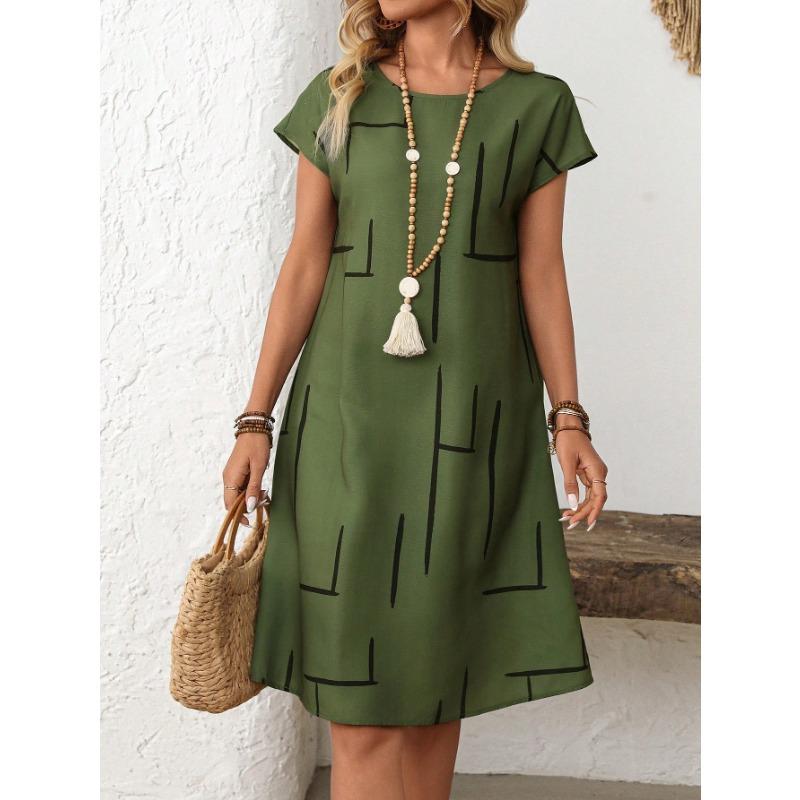 Abito Estivo Casual da Donna con Stampa Semplice su Tutta la Superficie, Scollo a O, Manica Corta, Abiti Camicia da Donna, Abbigliamento Y2k per Donna