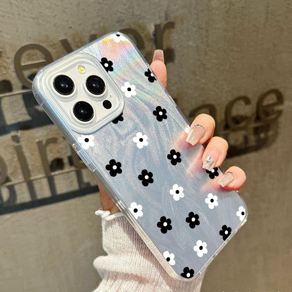 Summer new black and white flower iPhone16 mobile phone case Apple 15/14Pro niche anti-drop PC hard case advanced