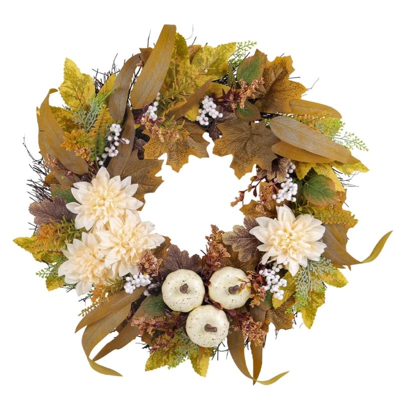 Artificial Wreath with Pumpkins , Autumn Wreath Harvest Day Wreath for Front Door Garden Thanksgiving Holiday Decoration