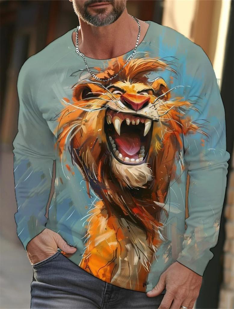 Men's Long Sleeve Shirt Fashion 3D Animal Print Top T-Shirt