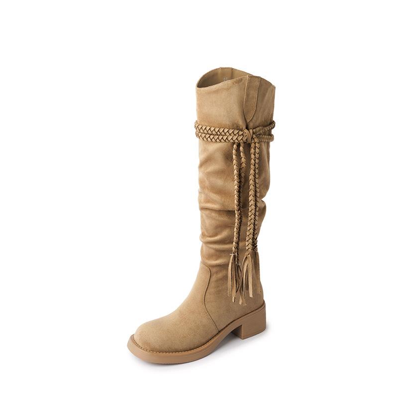 Coarse Heel Thick Bottom Tassel Boots Strap Skinny Frosted Brown Pile Boots Tall Boots Winter Western Boots