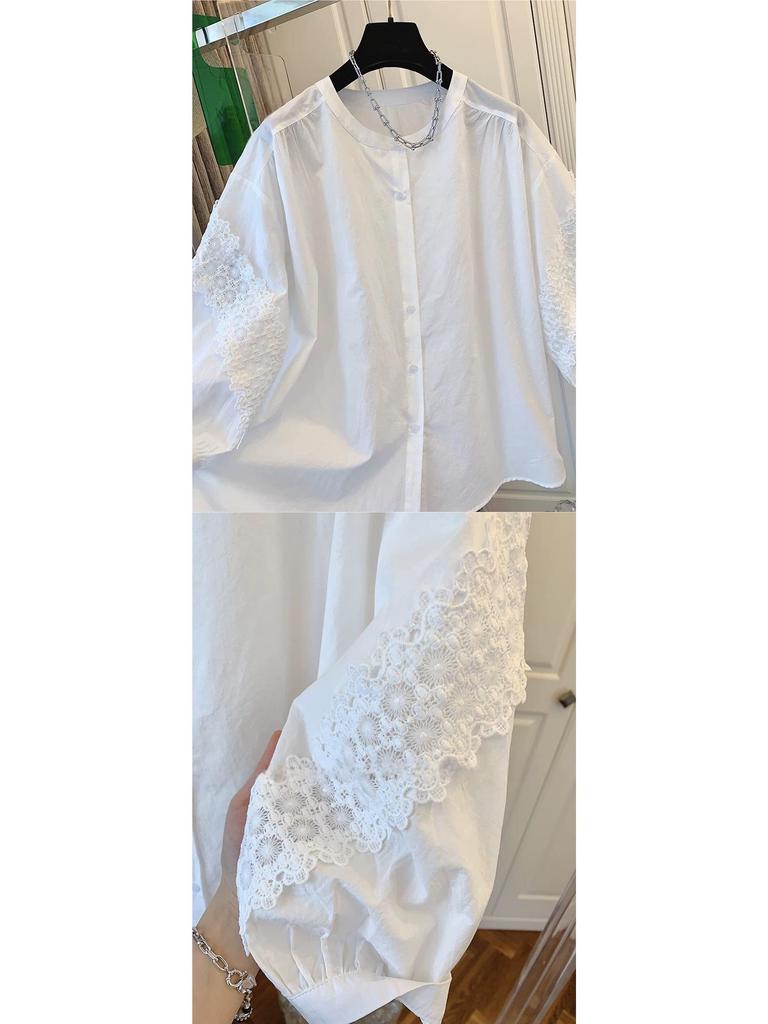 Haut Babydoll Blanc en Coton avec Inserts en Dentelle pour Femme Grande Taille, Col Rond, Manches Sept-Quarts, Été 2025