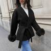 Women's Elegant Woolen Patchwork Cuffs Woolen Jacket Belt Lapel Woolen Long Sleeve Top
