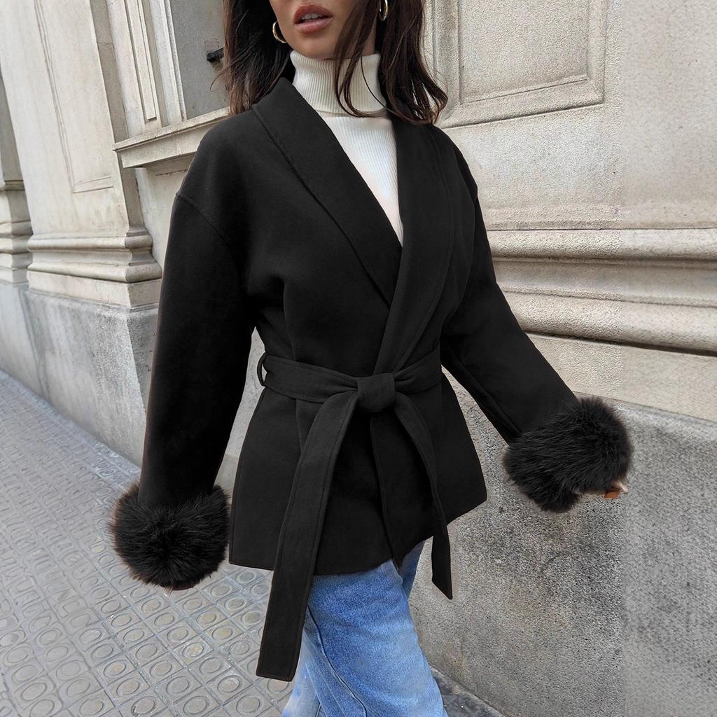 Women's Elegant Woolen Patchwork Cuffs Woolen Jacket Belt Lapel Woolen Long Sleeve Top
