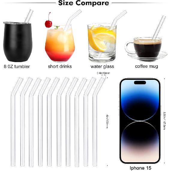 [10 Pcs] Reble Short Bent Glass Straws - 6" x 10 mm Clear Glass Straws Shatter Resistant Cocktail Straw With 2 Cleaning Brushes for
