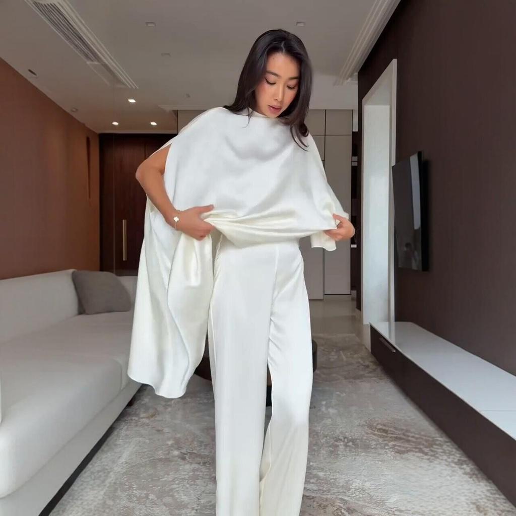 2026 Spring White Wide-Leg Pants Suit: Casual Two-Piece with Irregular Design