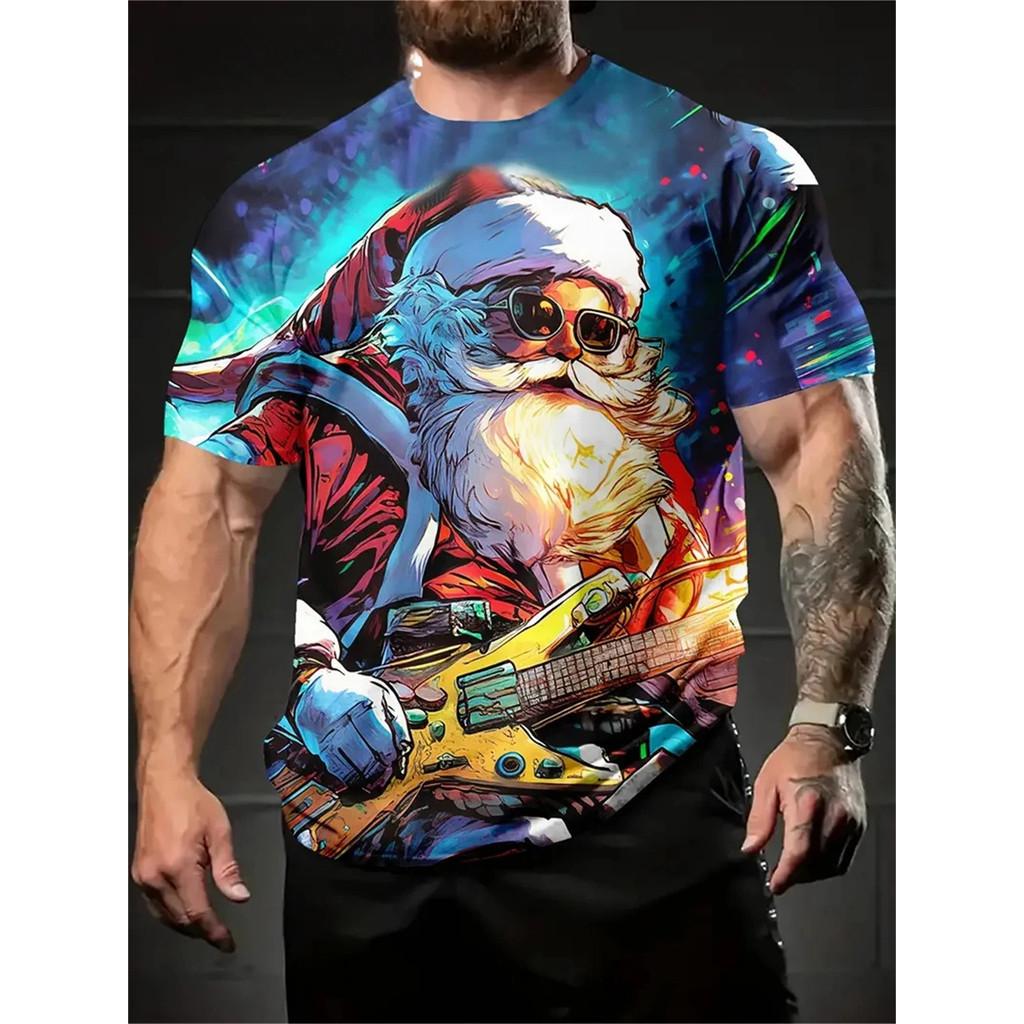 Santa Claus Pattern 3D Printed T-shirt Men's Casual Short Sleeved Fashionable Round Neck Top