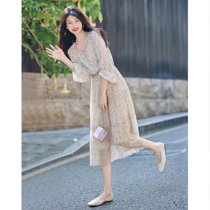 

Women s Floral Chiffon Square Neck Puff Sleeve A-line Midi Dress M