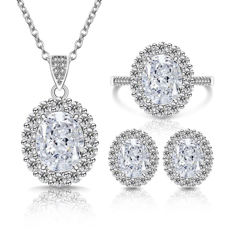 2026 Colorful Treasure Ice Flower Cut Pigeon Egg Sunflower Set Fashionable Luxury High Carbon Diamond Ring Stud Earrings Necklace 45CM