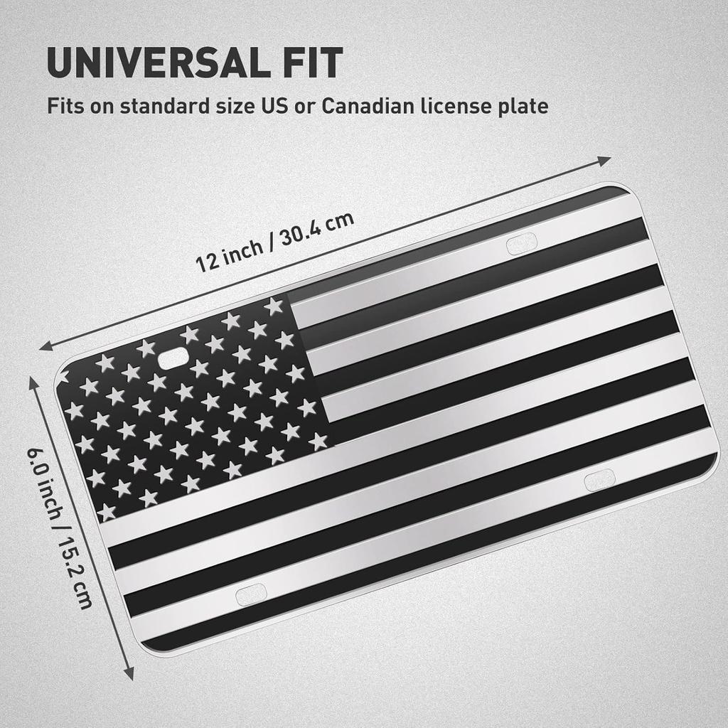 American Flag License Plate, Black Decoration Front Flag License Plates With 4 Holes, Aluminum Metal 3D Embossed US License Plate With Screws Caps, 6