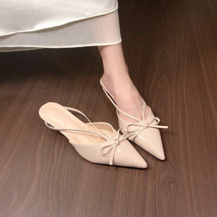 2025 spring new French bow pointed kitten heel high heels bag head cool slippers low heel empty single shoes