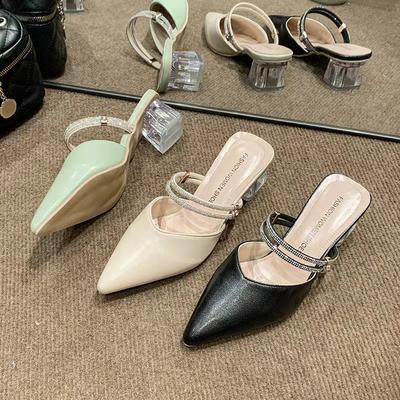 Thick Heel High Heel Pointed Toe Bag Head Half Slippers Women's Summer New Fashion Foreign Style Fitting Room Temperament Cool Slippers