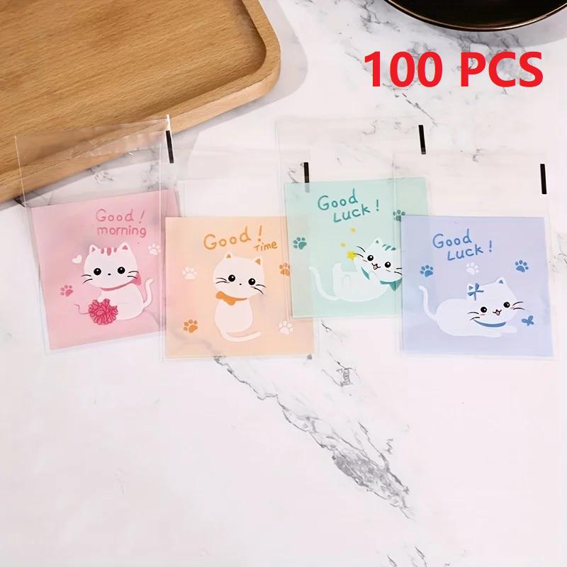 100/200/300pcs Mini Cartoon Cat Packaging Bag Baking Snack Self-adhesive Bag Cartoon Cat Biscuit Cookie Packaging Bag Organizer