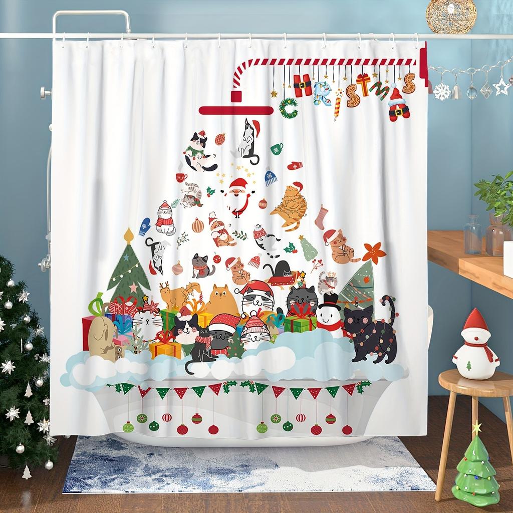 Funny Christmas Bathtub Cat Print Shower Curtain Moose Snowman Christmas Decor Polyester Fabric Shower Curtains Bathroom Decor