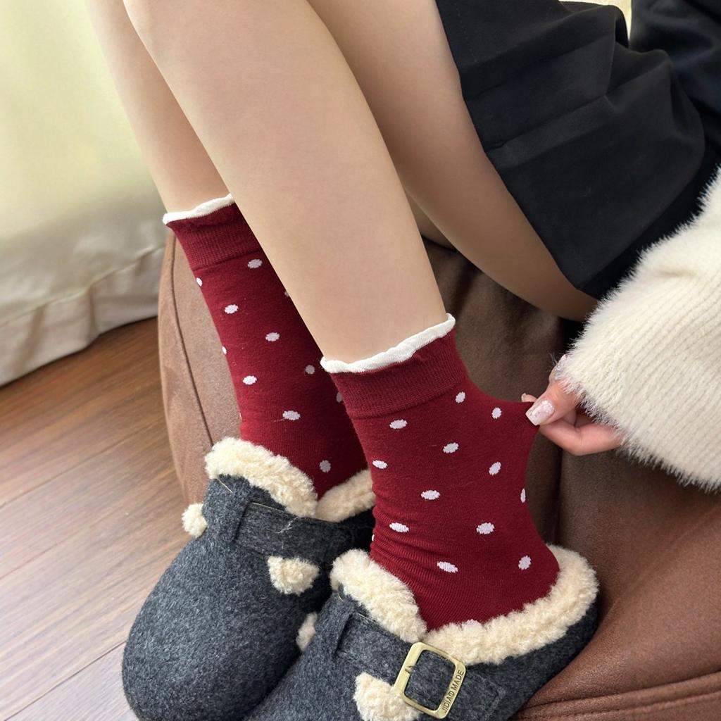 26 Year Of The Horse Red Socks Women'S Autumn And Winter New Japanese Bow Lace Cotton Socks Birthday New Year Red Stacking Socks