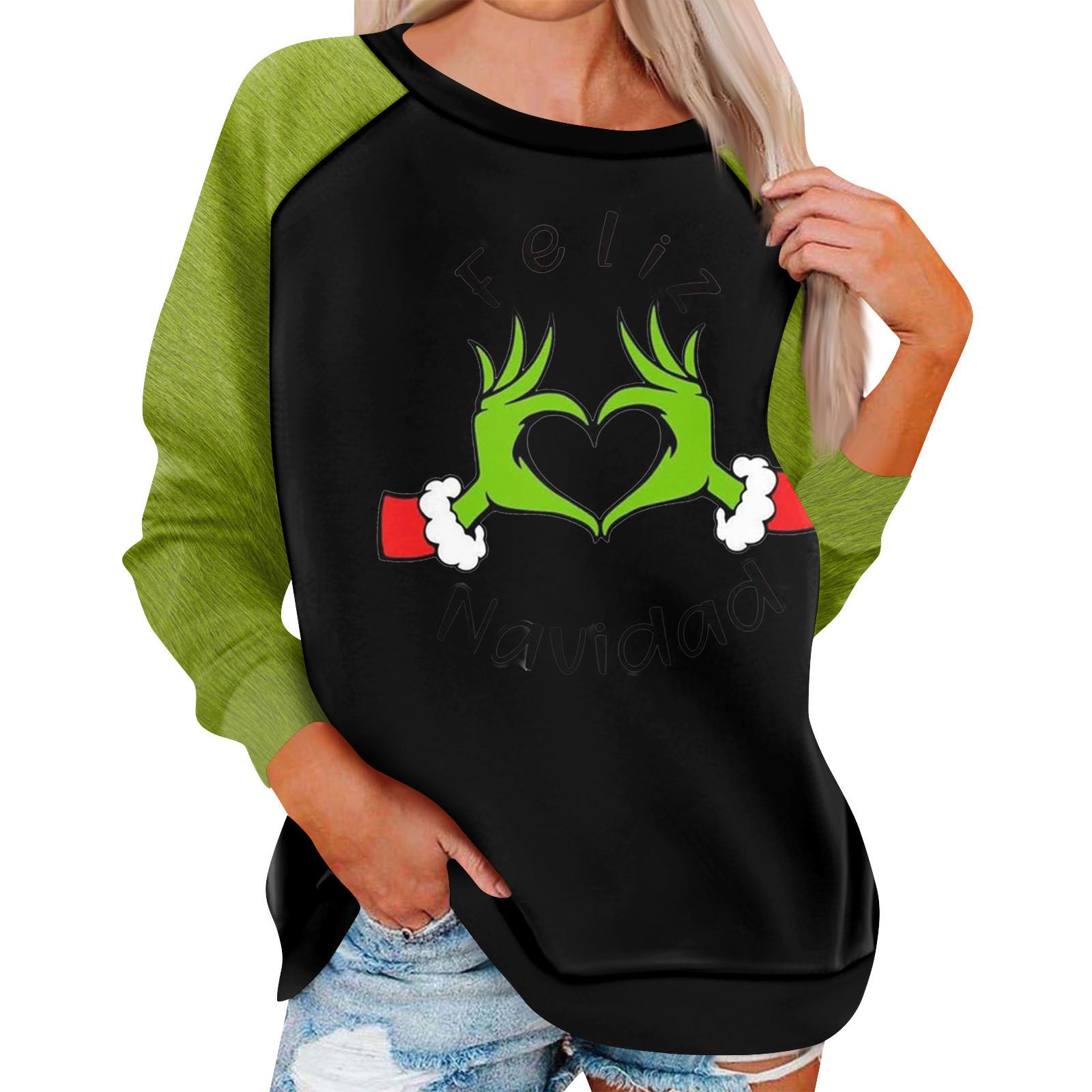 

Женский модный повседневный топ с круглым вырезом и длинными рукавами с рождественским принтом L зелёный