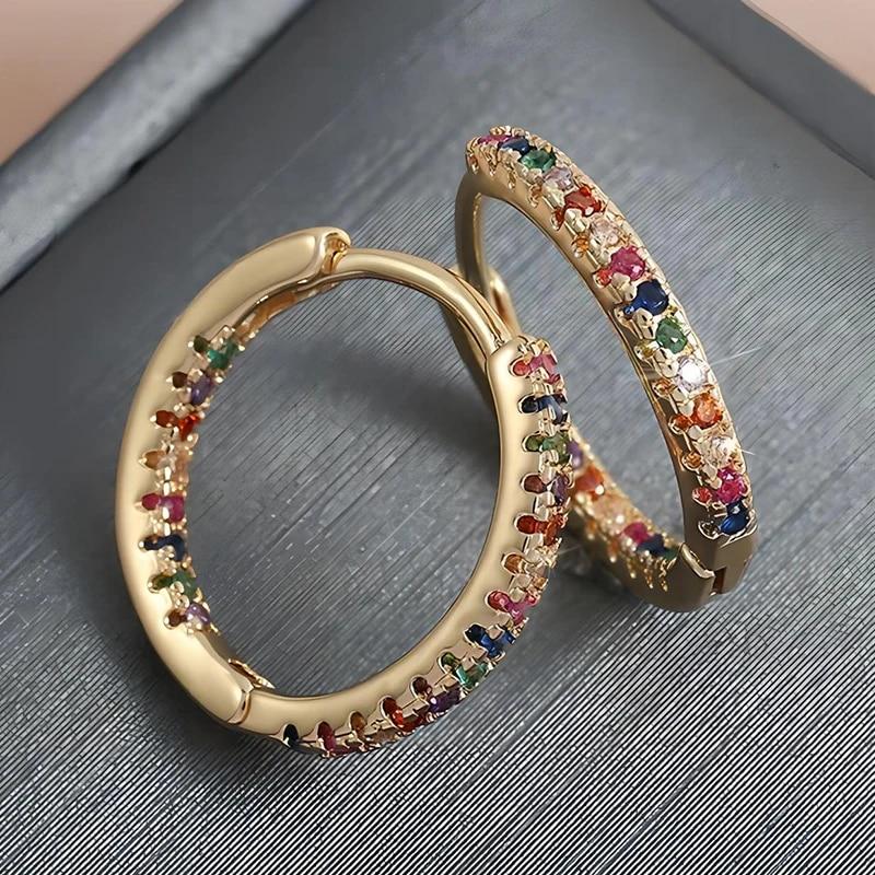 Trendy Gold Color Cubic Zirconia Round Copper Earrings For Women Metal Crystal Earring Party Everyday Zircon