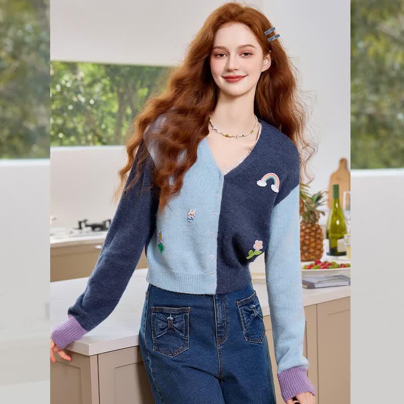 Women s V-Neck Color Block Rainbow Patch Cardigan M