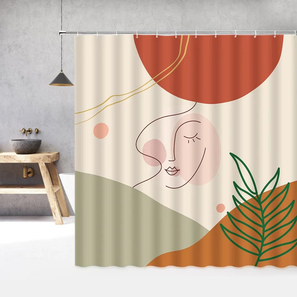 Modern Abstract Face Shower Curtain, Simple Female Silhouettes Pastel Colors Line Color Bath Curtain for Bathroom with Hooks