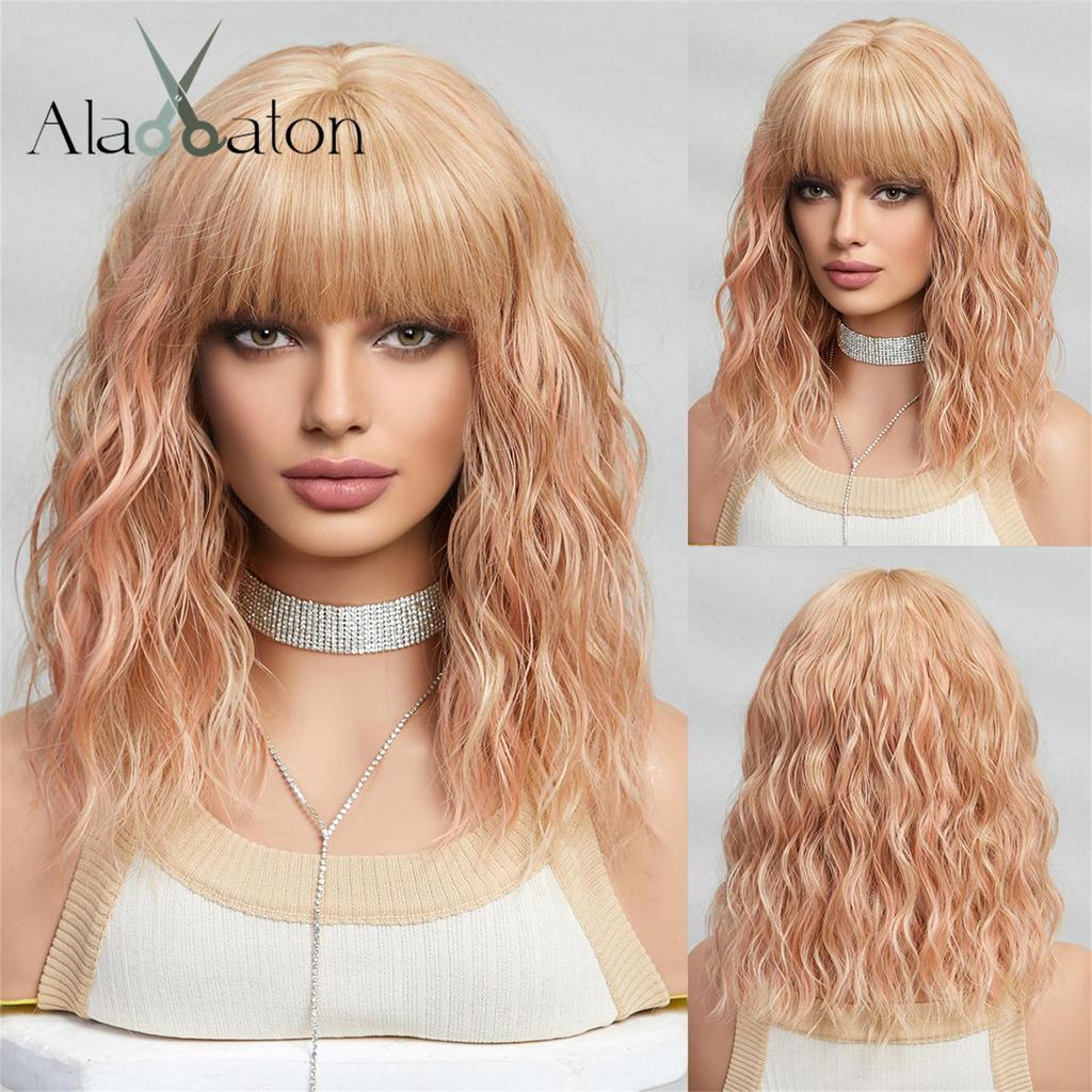 ALAN EATON Short BOB Synthetic WIGS Orange Brown Curly Wig with Bangs for Women Cosplay Daily Party Heat Resistant Fiber Wig